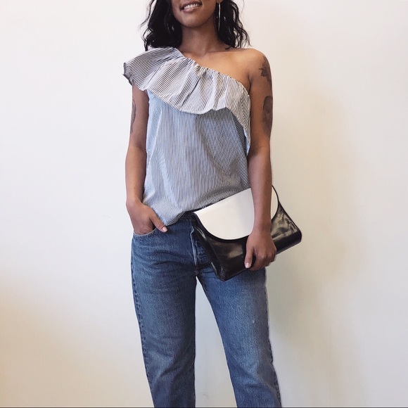 NWT Gray and White Striped One Shoulder Top - Picture 3 of 3